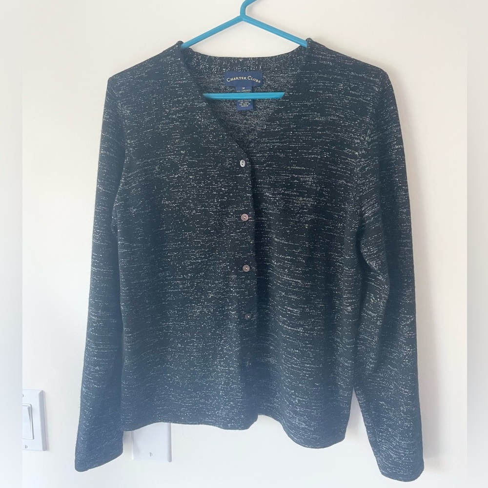 Charter Club Black Metallic Cardigan: size M